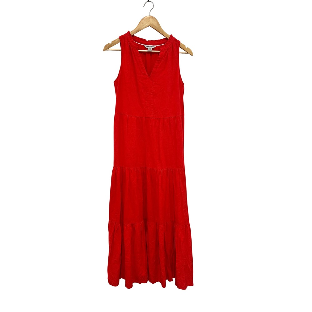 Tommy Bahama Red Linen Blend Sleeveless Midi Sun Dress Apple Blossom XS